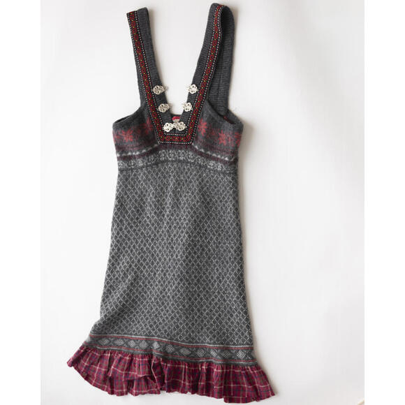 FP Grey and Burgundy Knit Mini Dress with Patterned Details - Picture 1 of 2